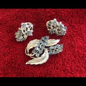 Vintage JUDY LEE Désigner Blue Rhinestone Brooch and Earrings Set
